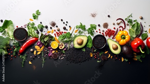 Fresh vegetables and spices spread across a dark background captured in a wide photographic composition