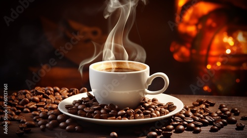 A warm cup of coffee with a gentle backdrop flame, providing a sense of coziness amid coffee beans