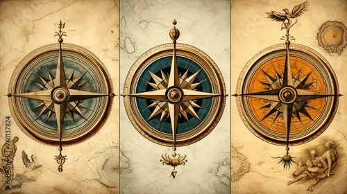 Three detailed compass designs with mythological creature motifs on antique-style map background