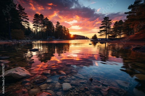 Sun sets over tranquil lake, encircled by trees in natural landscape