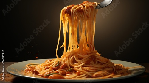Dynamic image showcasing a lifted fork with dangling spaghetti covered in sauce from a full plate, set against a dark background