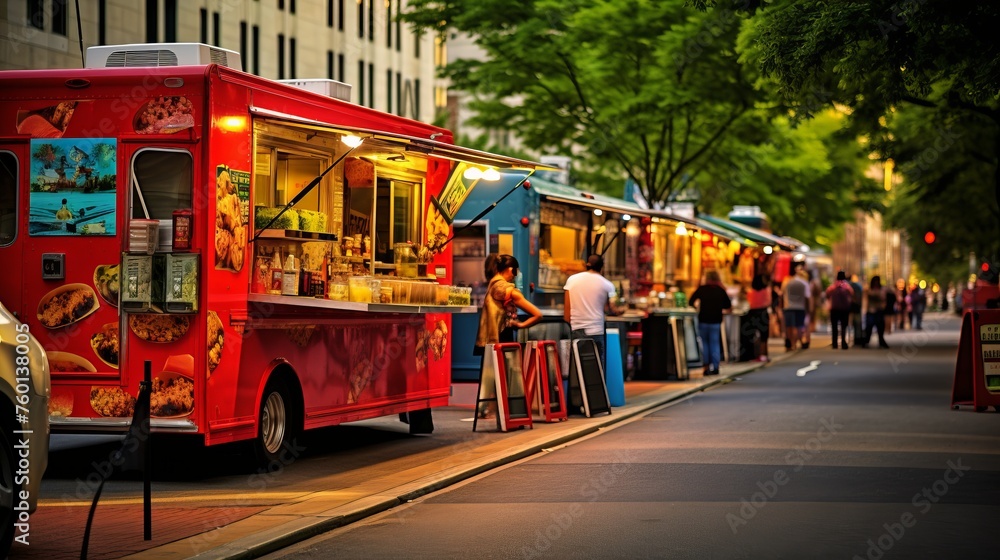 A row of food trucks serve customers on a busy street as dusk sets in, with lights illuminating the service windows