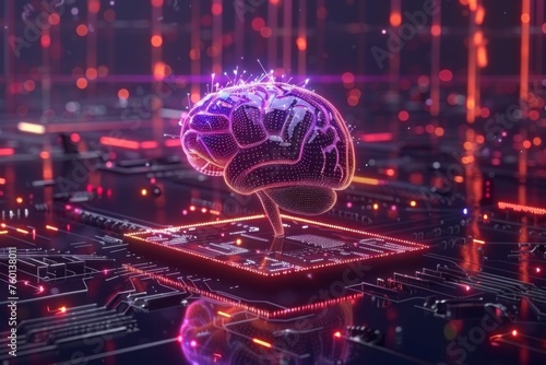 Big data and artificial intelligence concept. Human brain glowing from processor, symbolizing the fusion of human intelligence and machine learning capabilities. Evolution of technology of data. photo