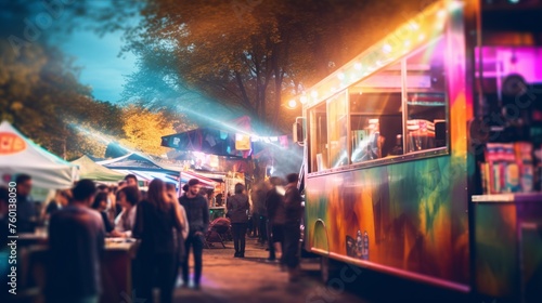 A food truck stands out with neon lights at a night street fair with crowds mingling around