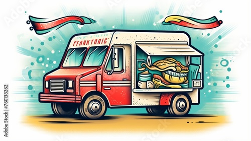 A creative and funky design of a food truck, bursting with hot dog and condiment illustrations