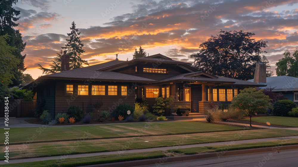 Dawn's light breaking over a chocolate brown Craftsman style house, suburban calm pervasive as the neighborhood stirs awake, soft and welcoming