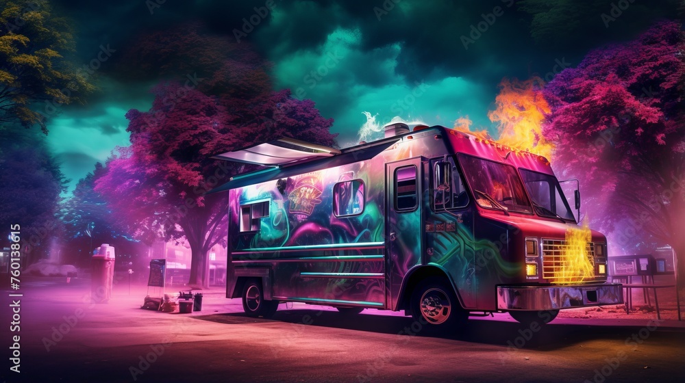 A captivating food truck under a neon glow, surrounded by a mysterious aura in a night setting, evoking a magical vibe