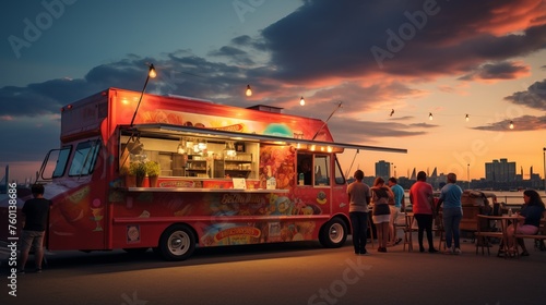 Food truck by the oceanfront offers a peaceful dining experience as the sun sets, with people gathering