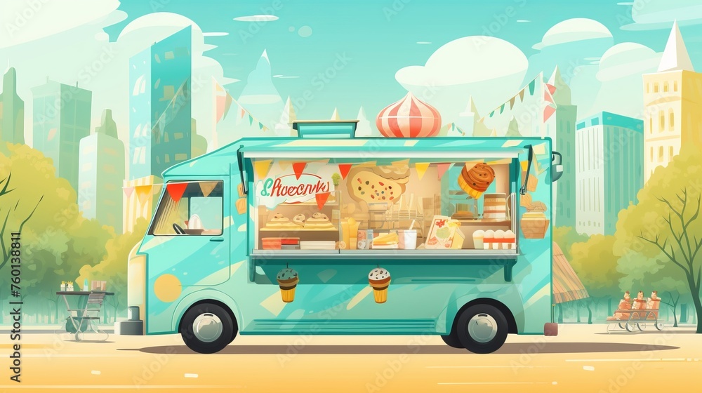 A vintage illustrated food truck with a fun and colorful design located in a serene park setting with cityscape background