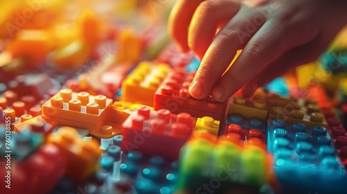 Child's hand building with colorful blocks.