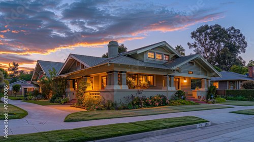 Evening's quiet beauty reflected in a pale olive Craftsman style house, suburban streets growing silent as the day concludes, skies blending colors of sunset © Creative artist1