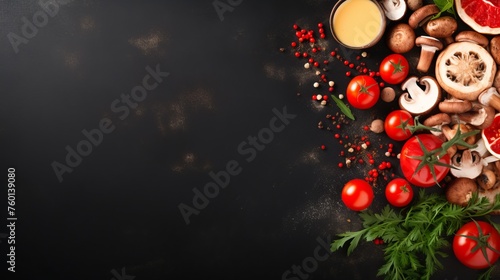 A stunning combination of citrus fruits and mushrooms accompanied by herbs, artistically displayed on a dark background