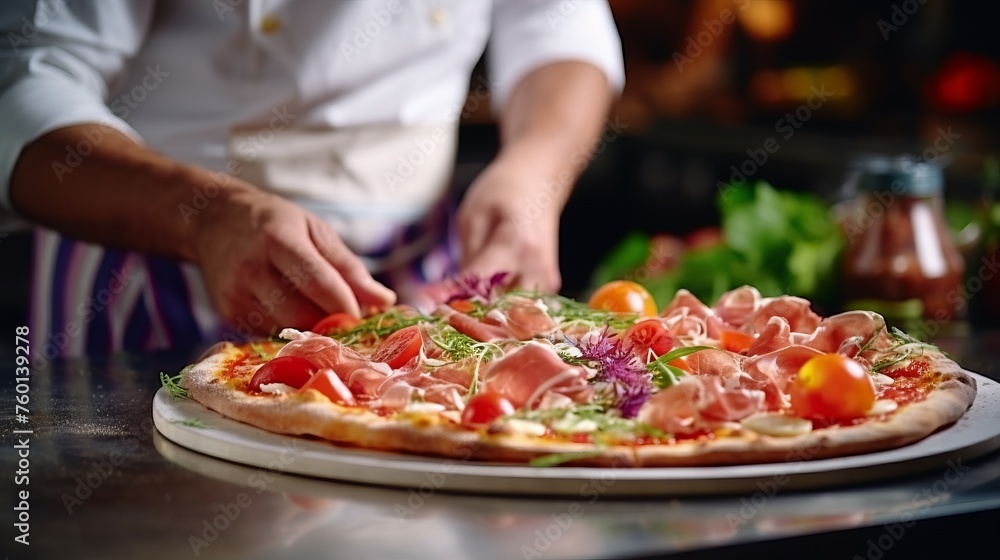 Image capturing the hands of a chef artistically placing fresh toppings on a pizza in a restaurant kitchen
