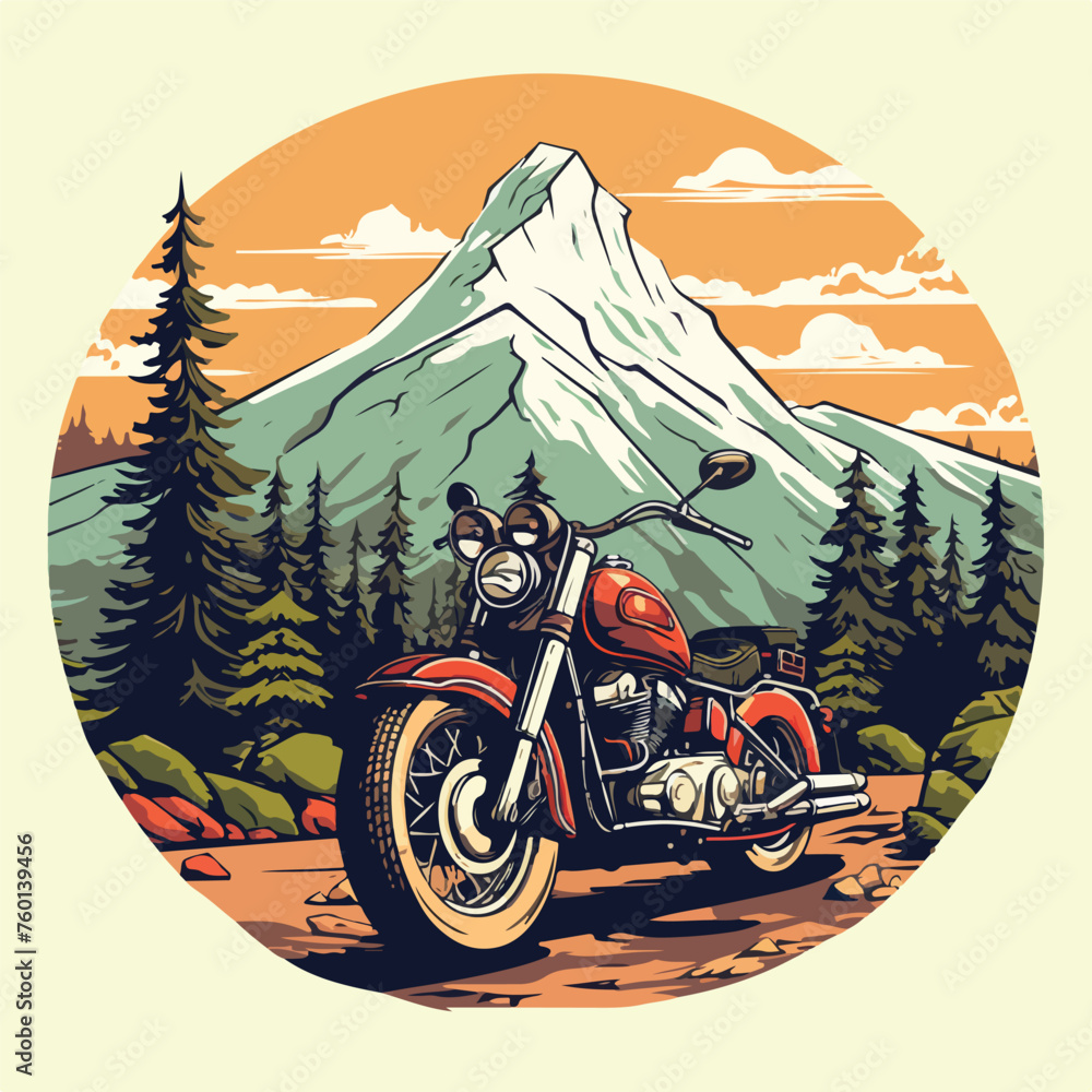 Vintage motorcycle illustration with a mountain lan