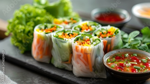 Healthy summer rolls with fresh veggies and tangy dip photo