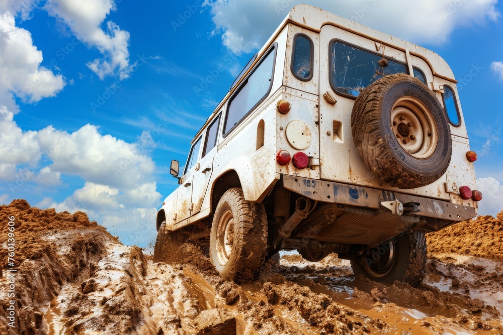 An exhilarating action shot capturing a rugged 4x4 vehicle engaged in offroading adventure, ascending a steep, muddy hill, showcasing the thrill and challenge of mudding.