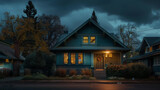 Nightfall in the suburbs, a deep teal Craftsman style house stands out against the quiet, darkened street, lit by the soft lunar glow, silent and restful