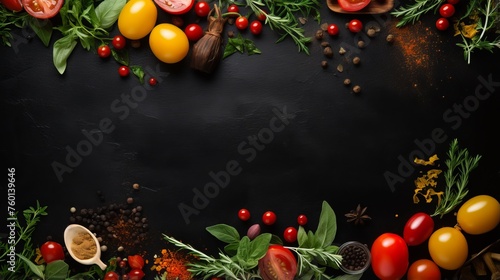 Vibrant tomatoes, herbs, spices scattered on slate with space for text or design elements