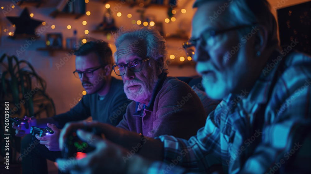 group of senior men hold joystick controller play video games at home - obrazy, fototapety, plakaty 