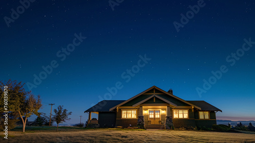 Nighttime's quiet solitude surrounding a dark olive Craftsman style house, suburban landscape hushed and still, under a clear, vast sky