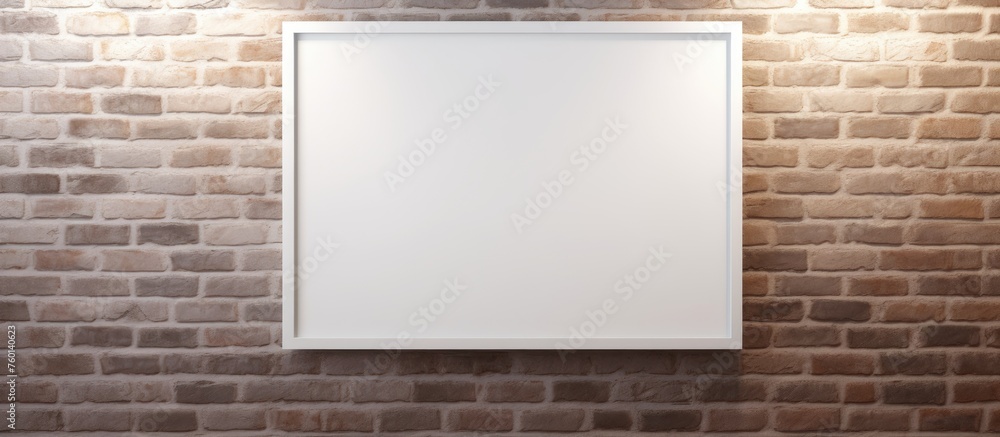 A rectangular white picture frame made of wood and glass is mounted on a symmetrical brick wall. The frame serves as a fixture on the sturdy brickwork A rectangular white picture frame made of wood and glass is mounted on a symmetrical brick wall. The frame serves as a fixture on the sturdy brickwork