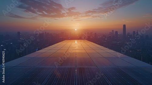 Solar panels at city dusk.