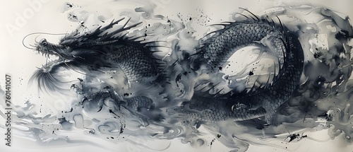 Illustration of Chinese brush painting of a dragon. Black ink lines drawn by master artist. It is a line that has weight  heaviness and lightness in art. Suitable for applying and decorating anywhere.