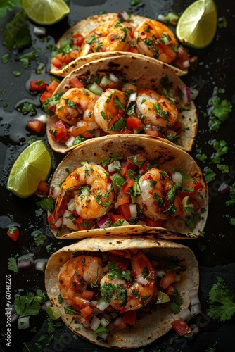 Delicious shrimp tacos with lime and pico de gallo.