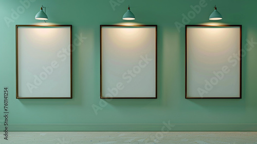 Three elegant mockup art frames on a soothing seafoam green wall, illuminated by ambient gallery lighting, creating a serene and inviting atmosphere in a spacious,