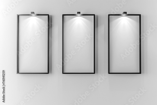 Three elongated, portrait-oriented mockup frames on a stark white wall, each frame spotlighted from above. The clean, crisp background and focused lighting create a blank canvas