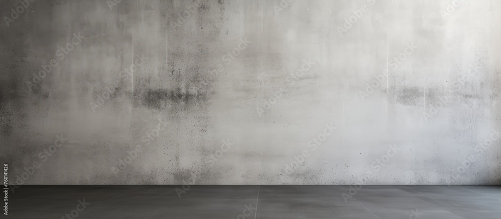 The empty room features grey concrete walls and floors, creating a monochrome aesthetic. The rectangle space is enhanced by the dark shades and patterns, with a touch of wood furnishings The empty room features grey concrete walls and floors, creating a monochrome aesthetic. The rectangle space is enhanced by the dark shades and patterns, with a touch of wood furnishings