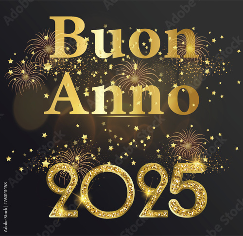 biglietto o striscione per augurare un felice anno nuovo 2025 in oro su uno sfondo nero sfumato con stelle e fuochi d'artificio dorati photo