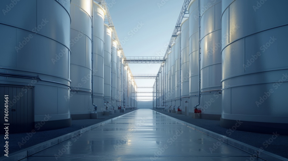 Obraz premium Corridor view between industrial storage tanks