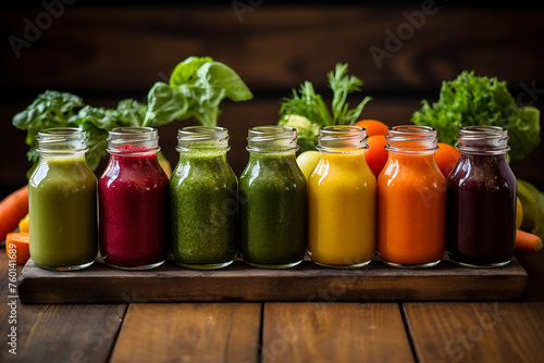 Vegetable smoothies in jars on a wooden table