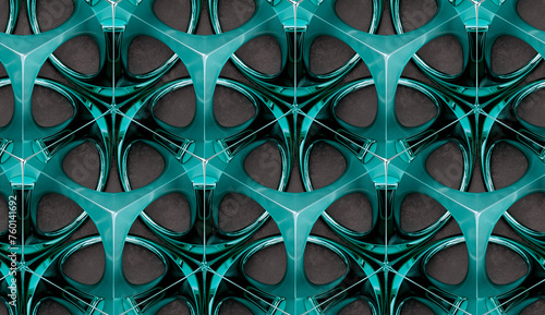 3D Wallpaper futuristic blue green chrome metal grid on gray stucco background photo