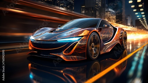 Futuristic Sports Car On Neon Highway. Powerful acceleration of a supercar with colorful lights trails