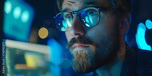 Close-up Portrait of a Young Professional Wearing Glasses Working on a Computer. Concept Portrait Photography, Professional Look, Close-up Shot, Computer User, Eyewear Fashion