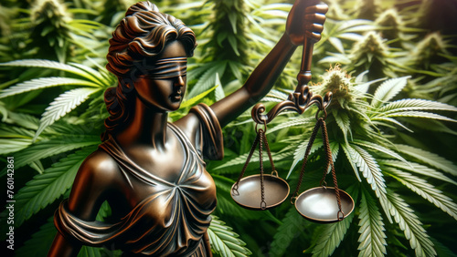 Symbol of Law Lady Justice with Marijuana Background