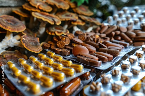 An array of various prescription pills, capsules, and tablets infused with medicinal mushroom extracts, showcasing a blend of modern pharmaceuticals and natural therapy ingredients for medical use.