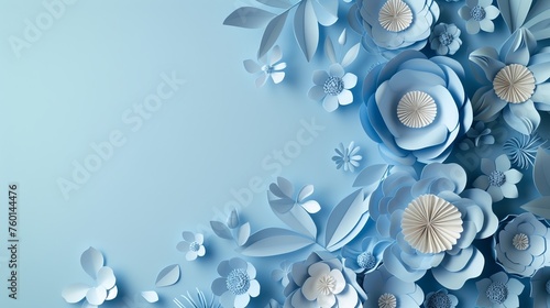 This image showcases a stunning 3D paper flower arrangement in various shades of blue, symbolizing tranquility