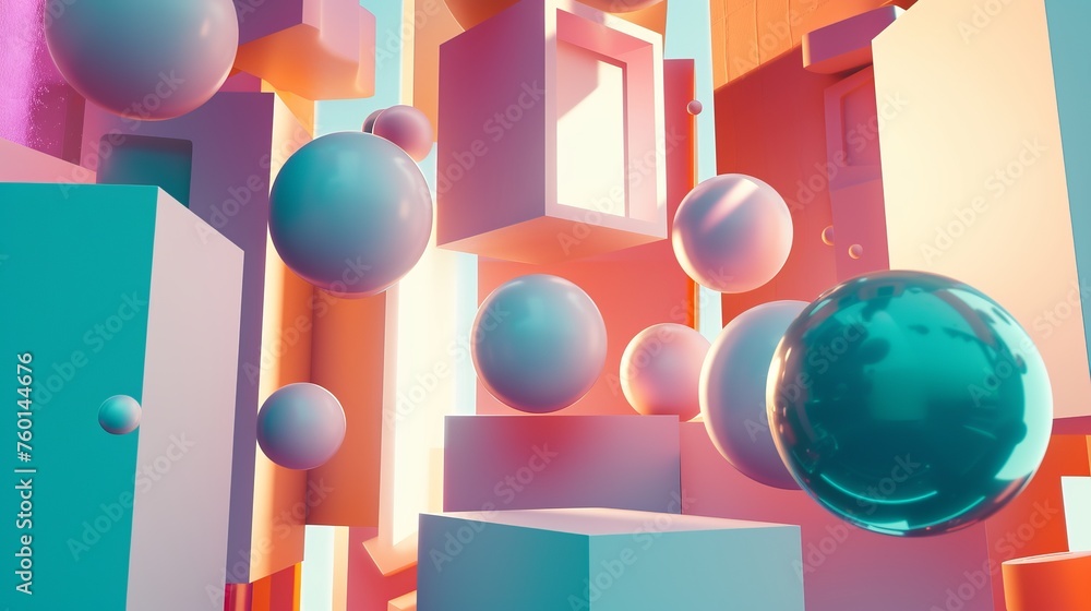Striking image of 3D rendered shapes with smooth surfaces and reflections in a vibrant color palette Striking image of 3D rendered shapes with smooth surfaces and reflections in a vibrant color palette