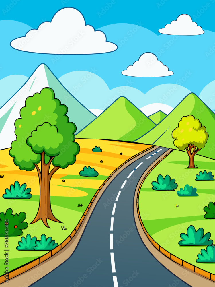 Roads vector landscape background featuring a winding road leading through rolling hills and lush vegetation.