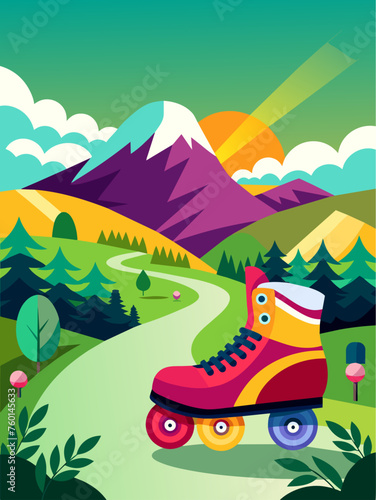 A rollerblader glides through a serene landscape, surrounded by rolling hills and vibrant greenery.