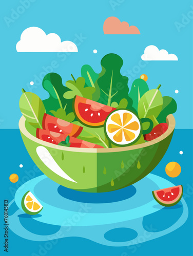 A crisp and refreshing salad lies atop a vibrant blue background, evoking the coolness of water.
