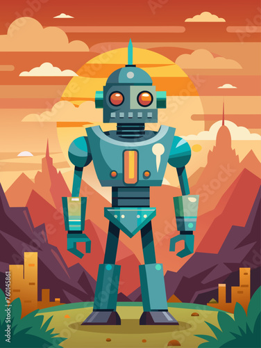 A robotic figure stands in a desolate landscape, surrounded by mountains and a distant city.