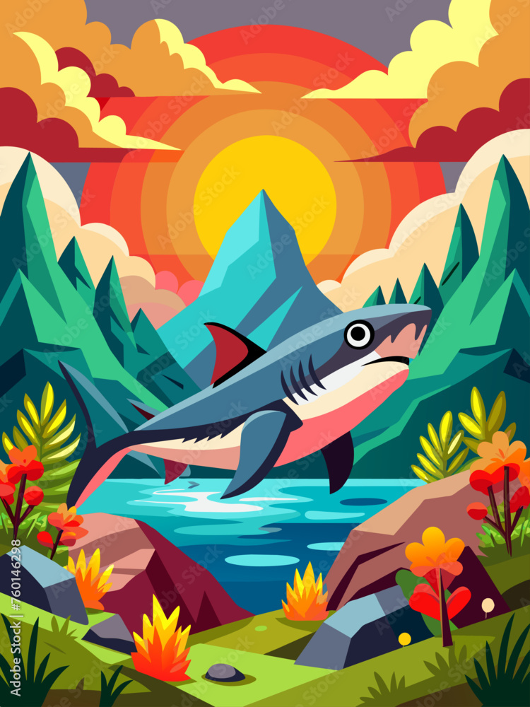 Shark swimming in the vast ocean with a beautiful landscape of the horizon and clouds above. Shark swimming in the vast ocean with a beautiful landscape of the horizon and clouds above.