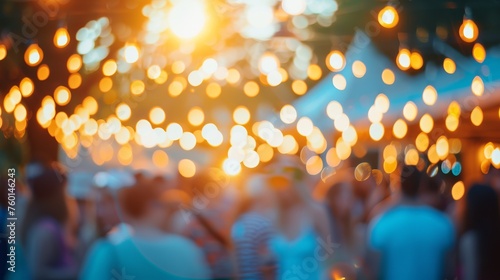 The hustle and bustle of a crowded festival are captured through the warm light bokeh, symbolizing joy and unity photo