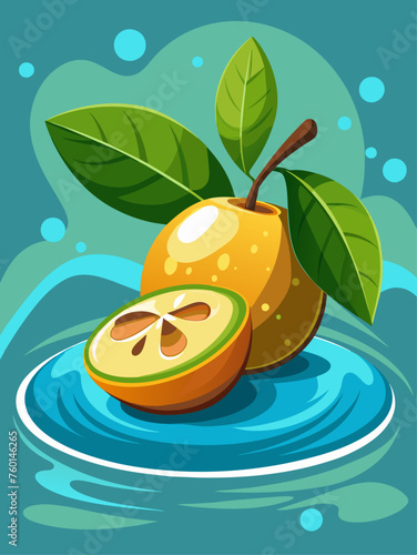 A fresh sapote fruit floats in crystal-clear water, highlighting its smooth skin and vibrant orange flesh.