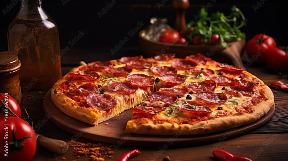 This close-up showcases the detail of a freshly baked homemade pepperoni pizza on a wooden board