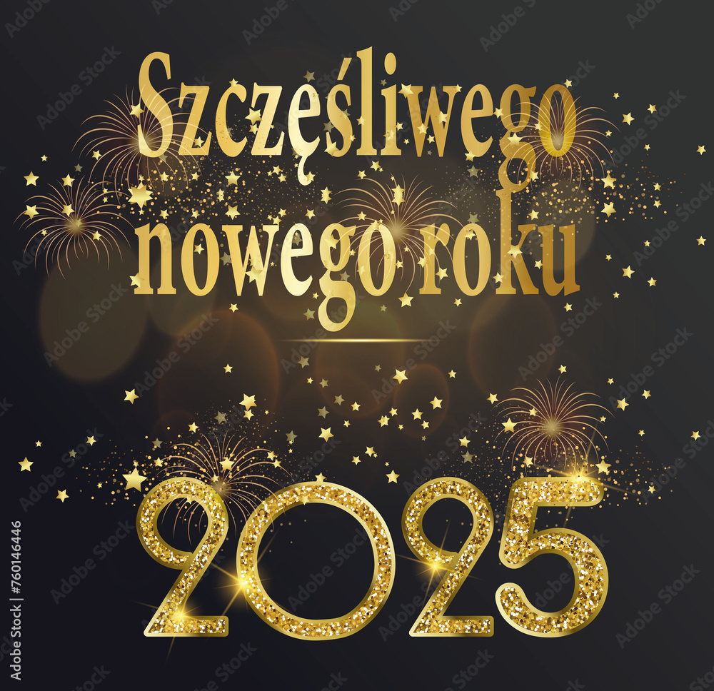 karta lub baner z życzeniami szczęśliwego nowego roku 2025 w złocie na czarnym gradientowym tle z gwiazdami i złotymi fajerwerkami - obrazy, fototapety, plakaty 
